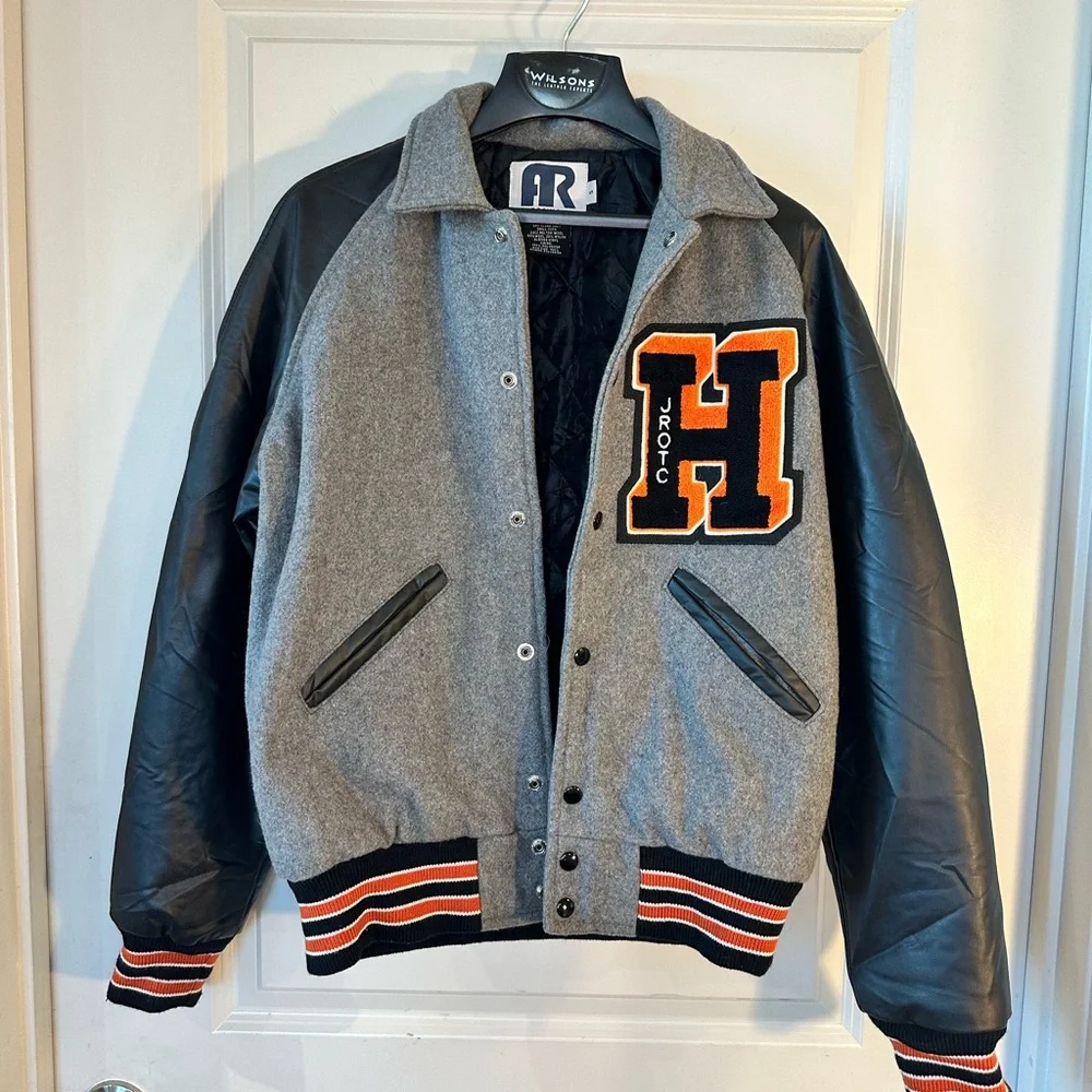 Vintage Letterman Varsity JROTC H Wool & Faux Leather Grey/Black/Orange Bomber,S - Picture 2 of 10